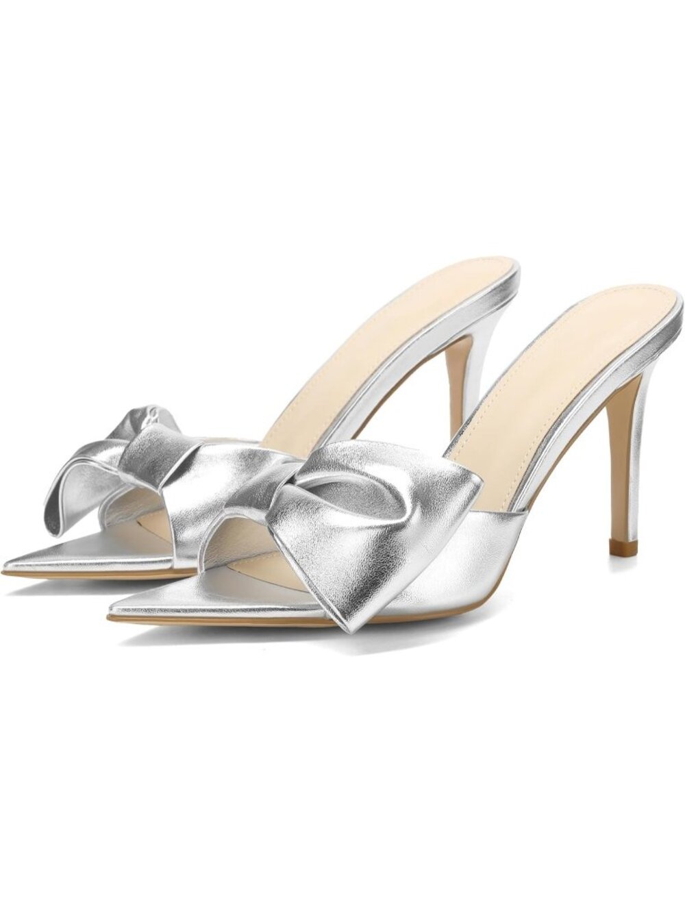 Women's Silver Pointed Open Toe Heels With Bow Fashion High Kitten Heels Slip On